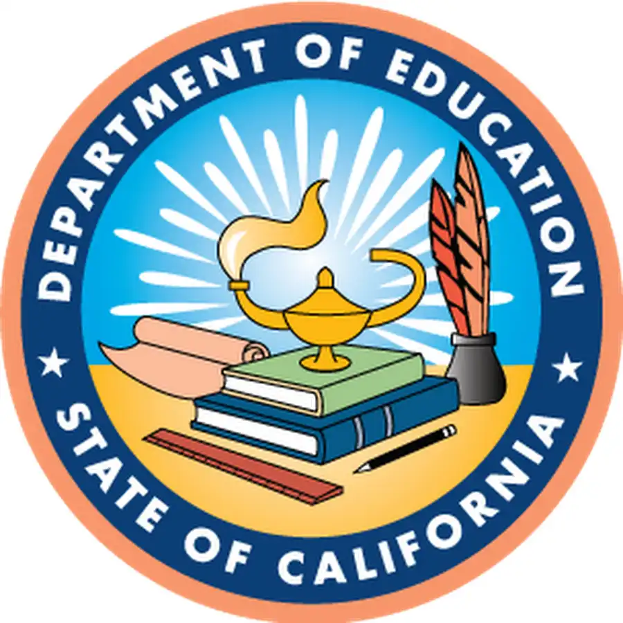 California Department of Education logo, circle with a lamp and books in the center.