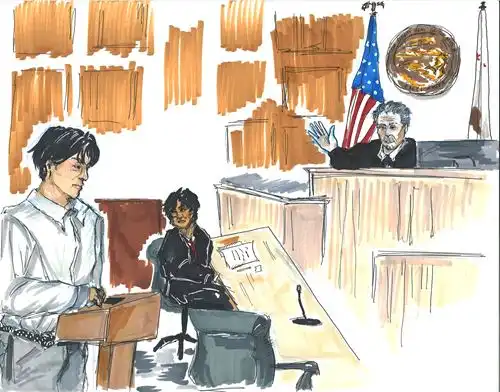 Courtroom scence sketch of attorney at podium, court clerk, and judge.