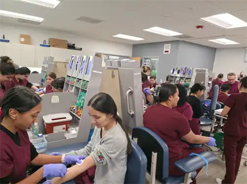 Phlebotomy students get to practice on each other in the lab