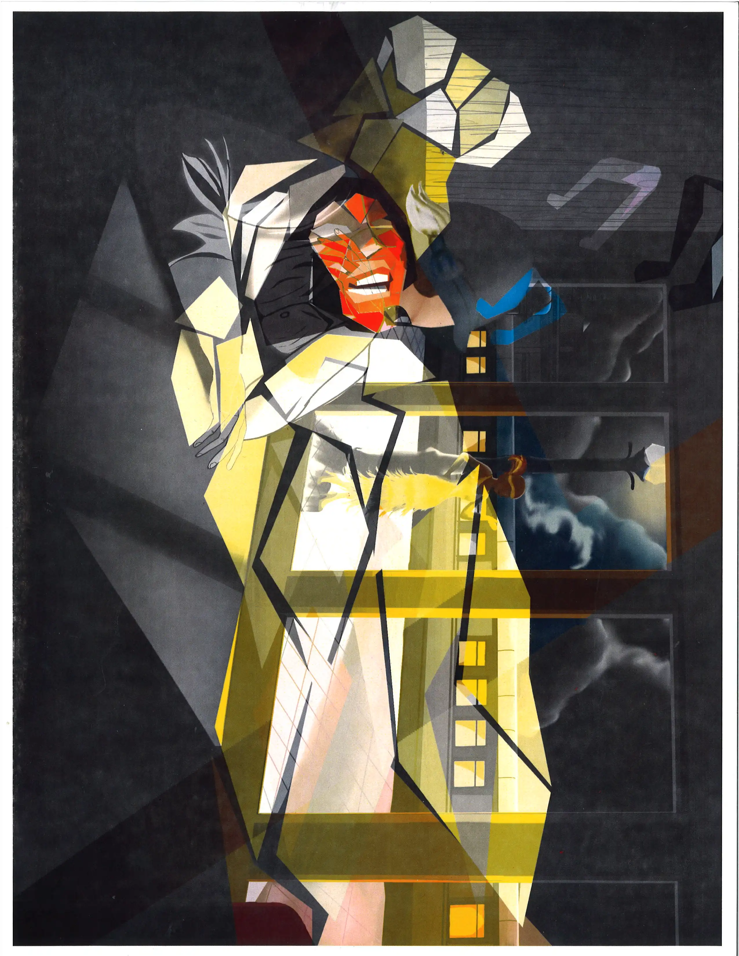 Graphic art of a portrait layout of a lady singing and a horizontal layout of a woman waiting at a train station