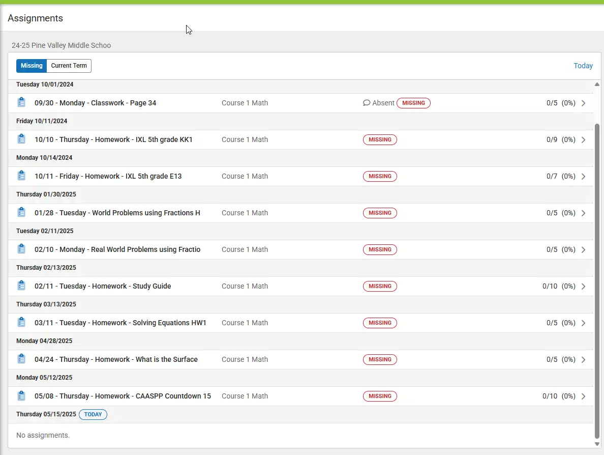 Infinite Campus: View Missing Assignments