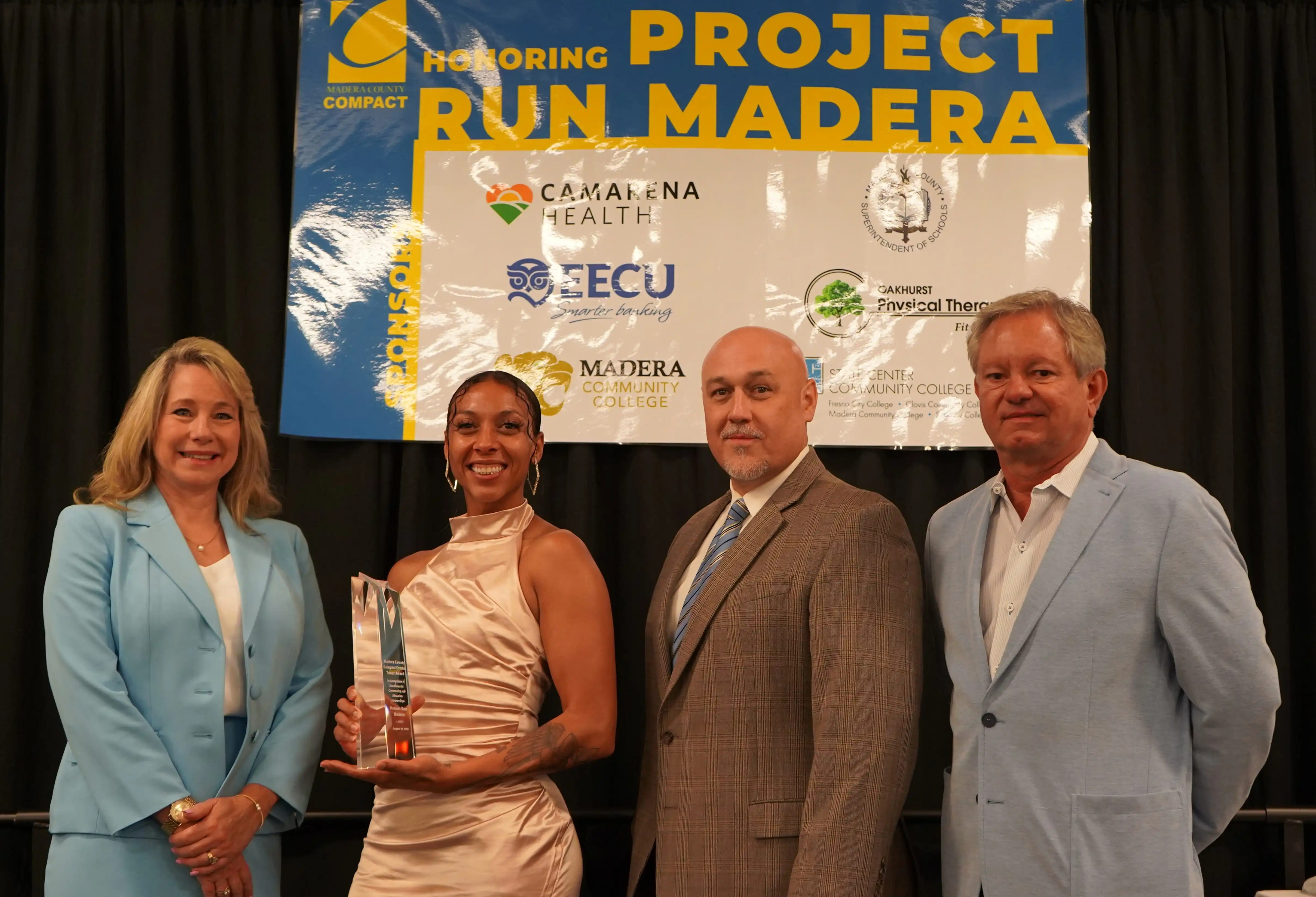Tricia Protzman, Alicia Brown with award, Todd Lile, Kevin Herman
