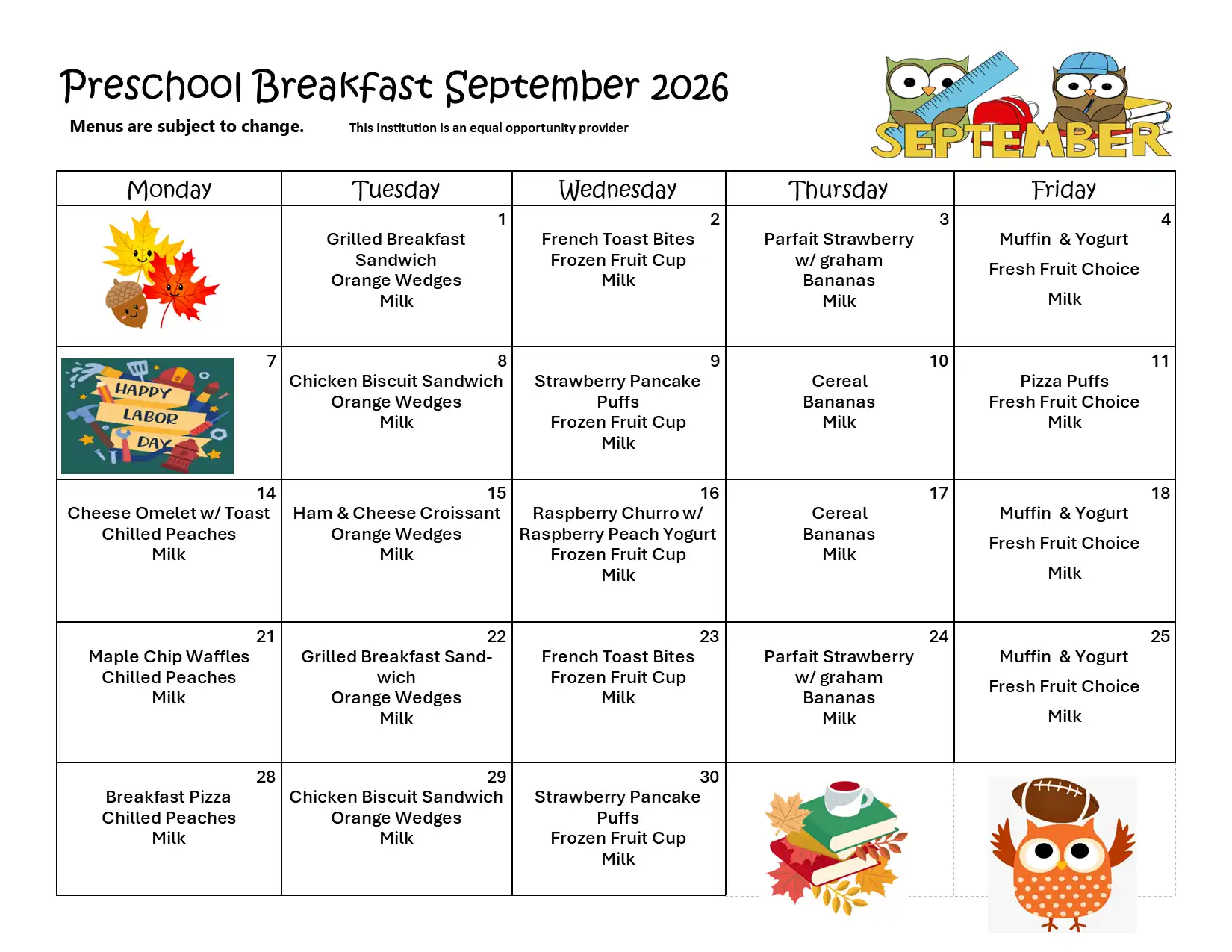 Preschool Breakfast September 2026 Menu