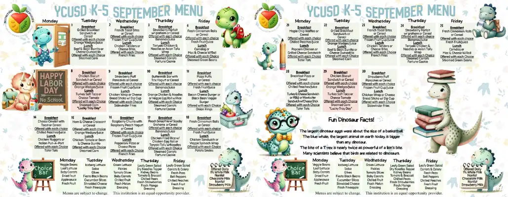 YCUSD K-5 September 2026 Menu