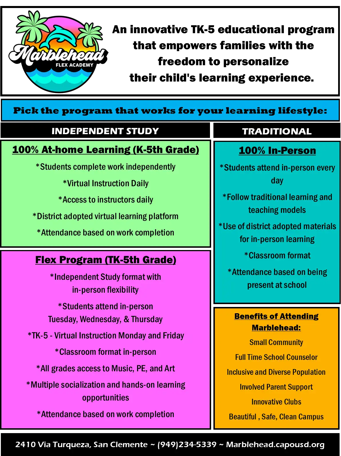 Marblehead TK-5 education program flyer comparing Independent Study and Traditional options, plus a Flex Program, with bullet points for at-home or in-person learning, attendance rules, and contact details at the bottom.