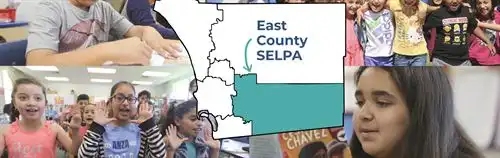 Image of students together and region outline of East County