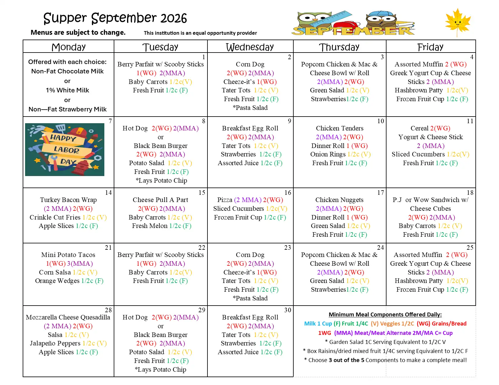 Supper September 2026 Menu