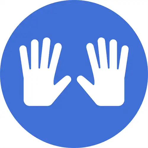 A blue circle icon featuring two raised white open-palm hands facing forward.