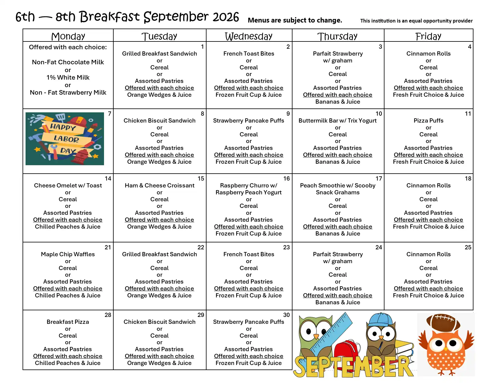 6th - 8th Breakfast September 2026 Menu