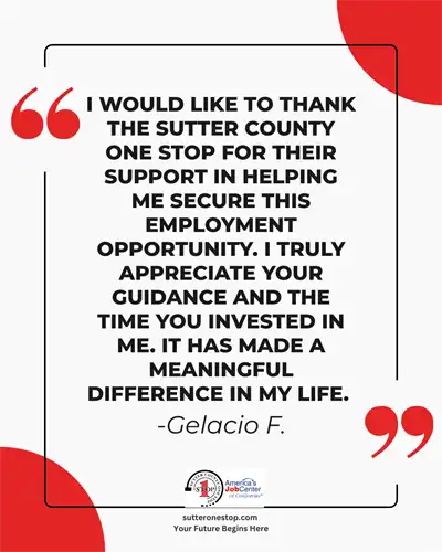 A testimonial from a client with red quotation marks and red circles.
