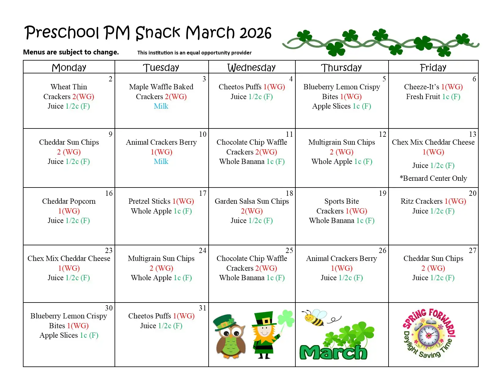 Preschool PM Snack March 2026 Menu