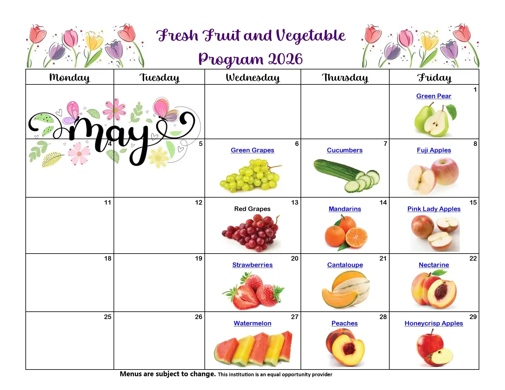 Fresh Fruit and Vegetable Program May 2026 Menu