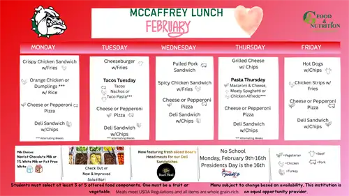 McCaffrey Middle February 2026 Lunch Menu