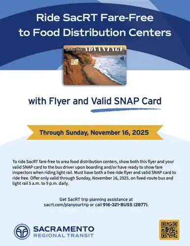 Ride SacRT Fare-Free to Food Distribution Centers SNAP Card