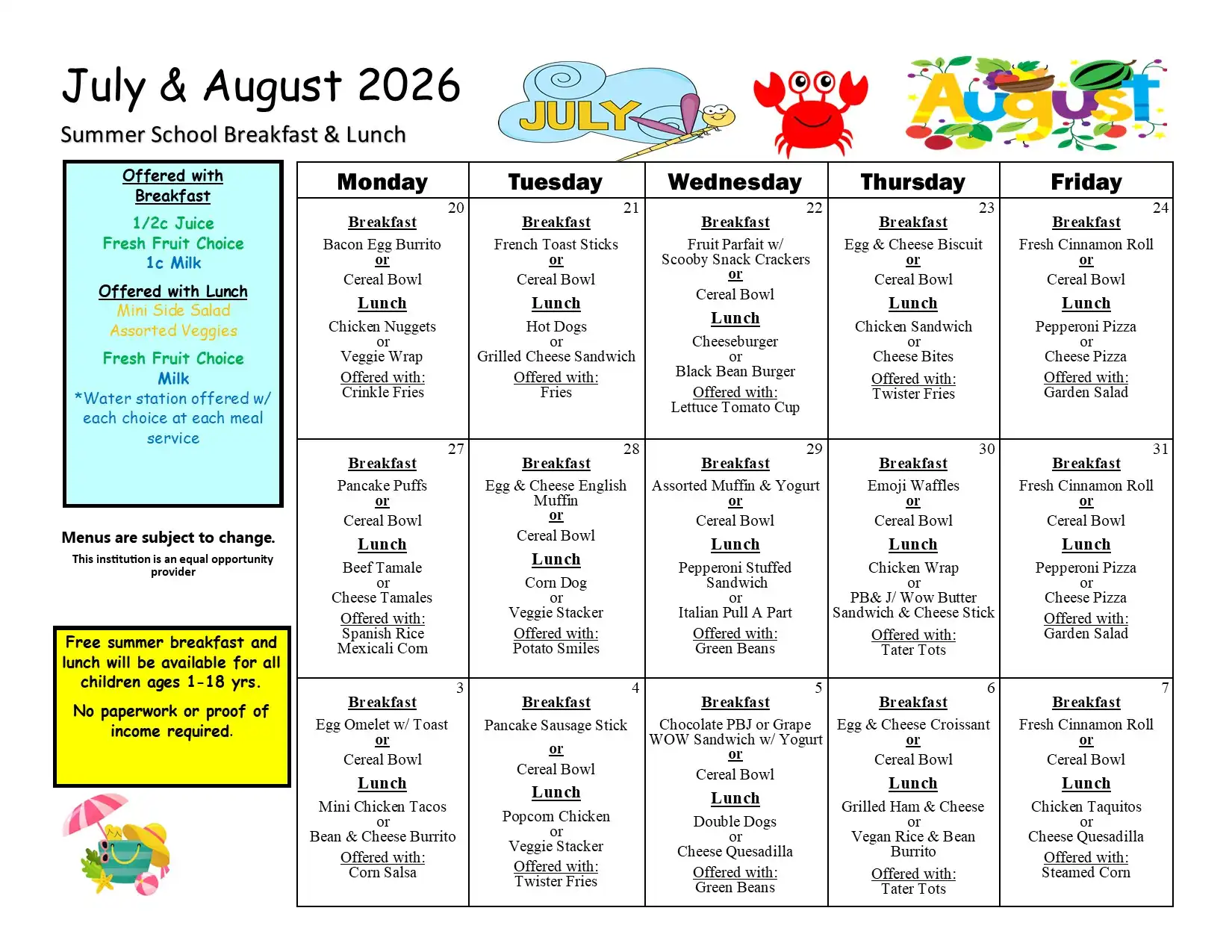 Breakfast & Lunch Summer 2026 July - August