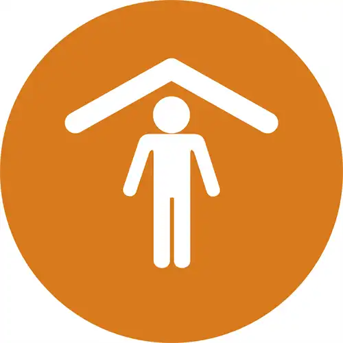 An orange circle icon showing a white stick figure positioned underneath a roof-shaped chevron.