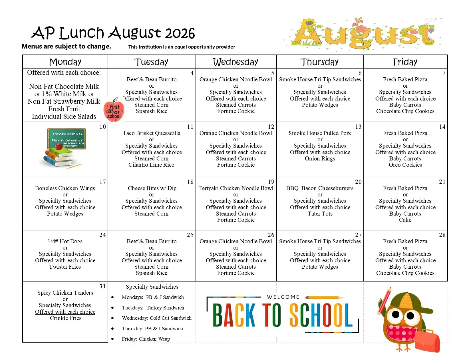 Albert Powell August 2026 Lunch Menu