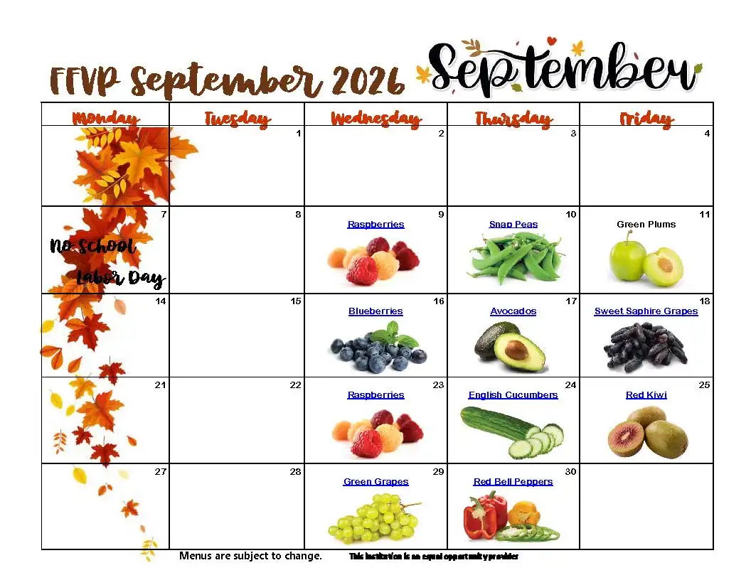 Fresh Fruit and Vegetable Program September 2026 Menu