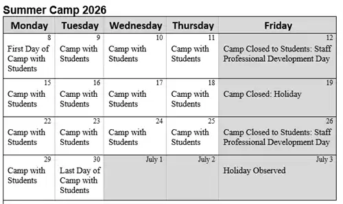 Camp 2026 Calendar