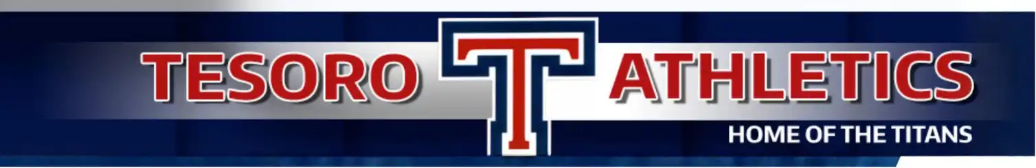 Tesoro Athletics banner with a large red “T” logo, red “TESORO” text, white “ATHLETICS” text, and “HOME OF THE TITANS” in the lower right on a blue background.