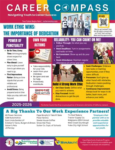 The words career compass newsletter and various vocational photos.