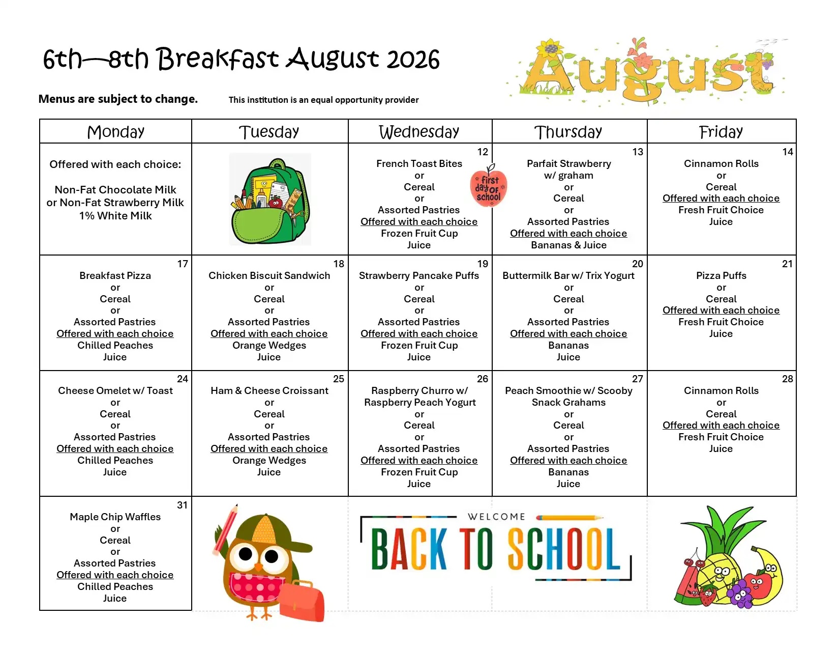 YCUSD 6-8 Breakfast-Bruch Menu August 2026