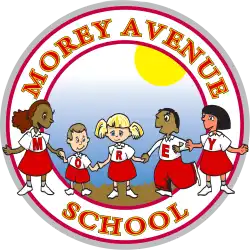 morey avenue school logo with clipart of young students holding hands.