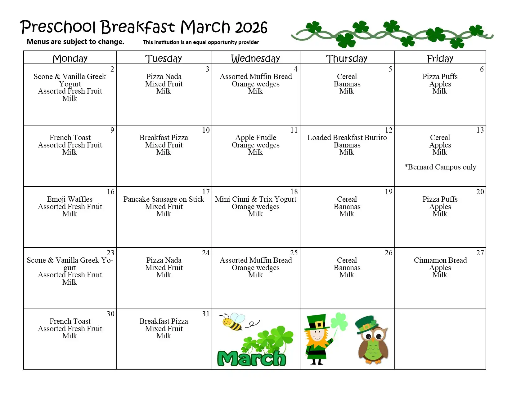 Preschool Breakfast March 2026 Menu