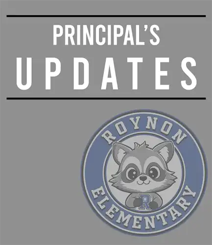 Grey tile box with title in white "Principal's Updates" with school emblem on the background.