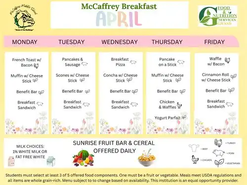 McCaffrey Middle Breakfast Menu April 2026 