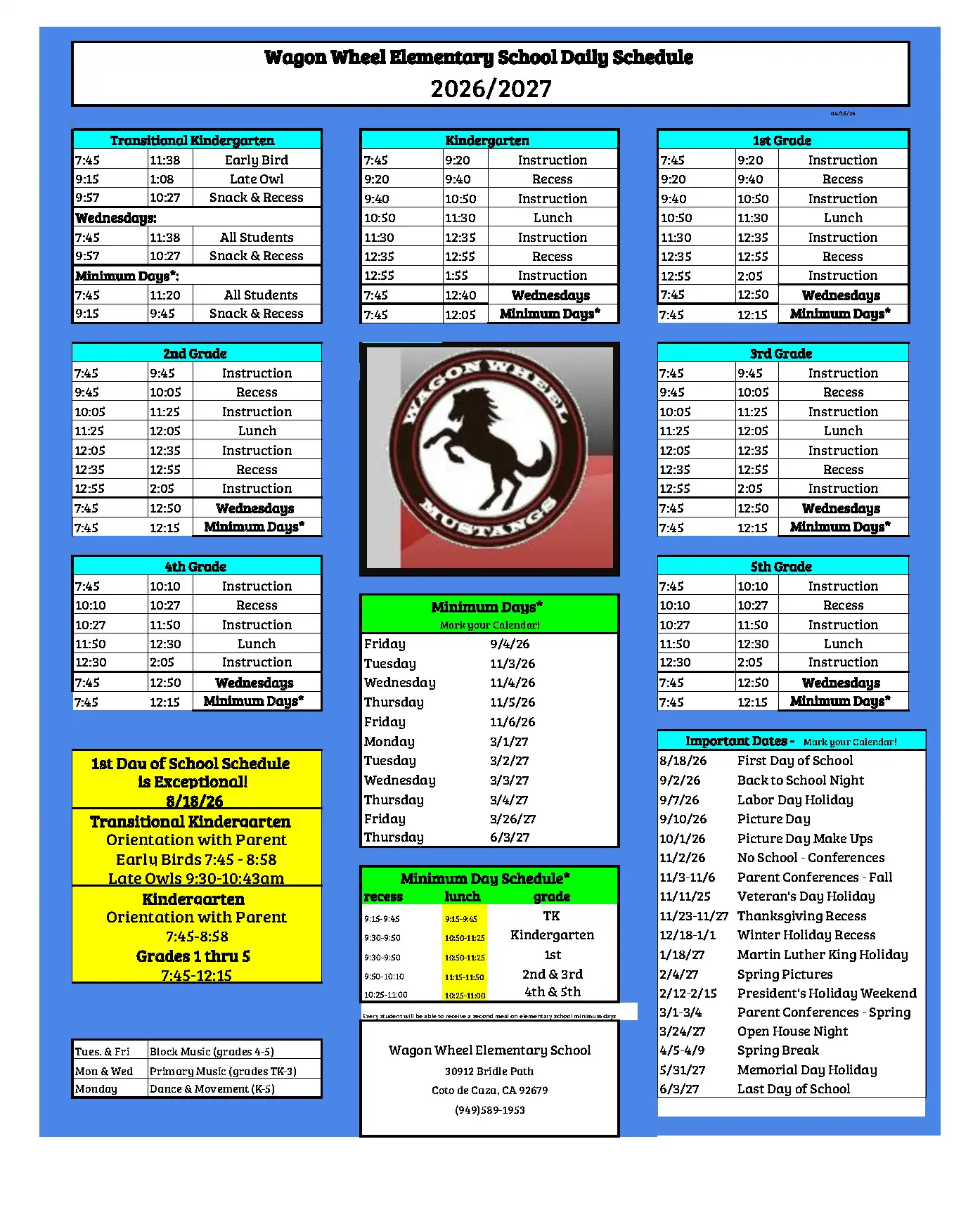 Wagon Wheel Elementary School Daily Schedule