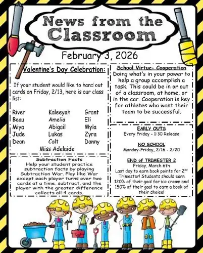 February Newsletter including class list, home math game, upcoming dates, and monthly virtue