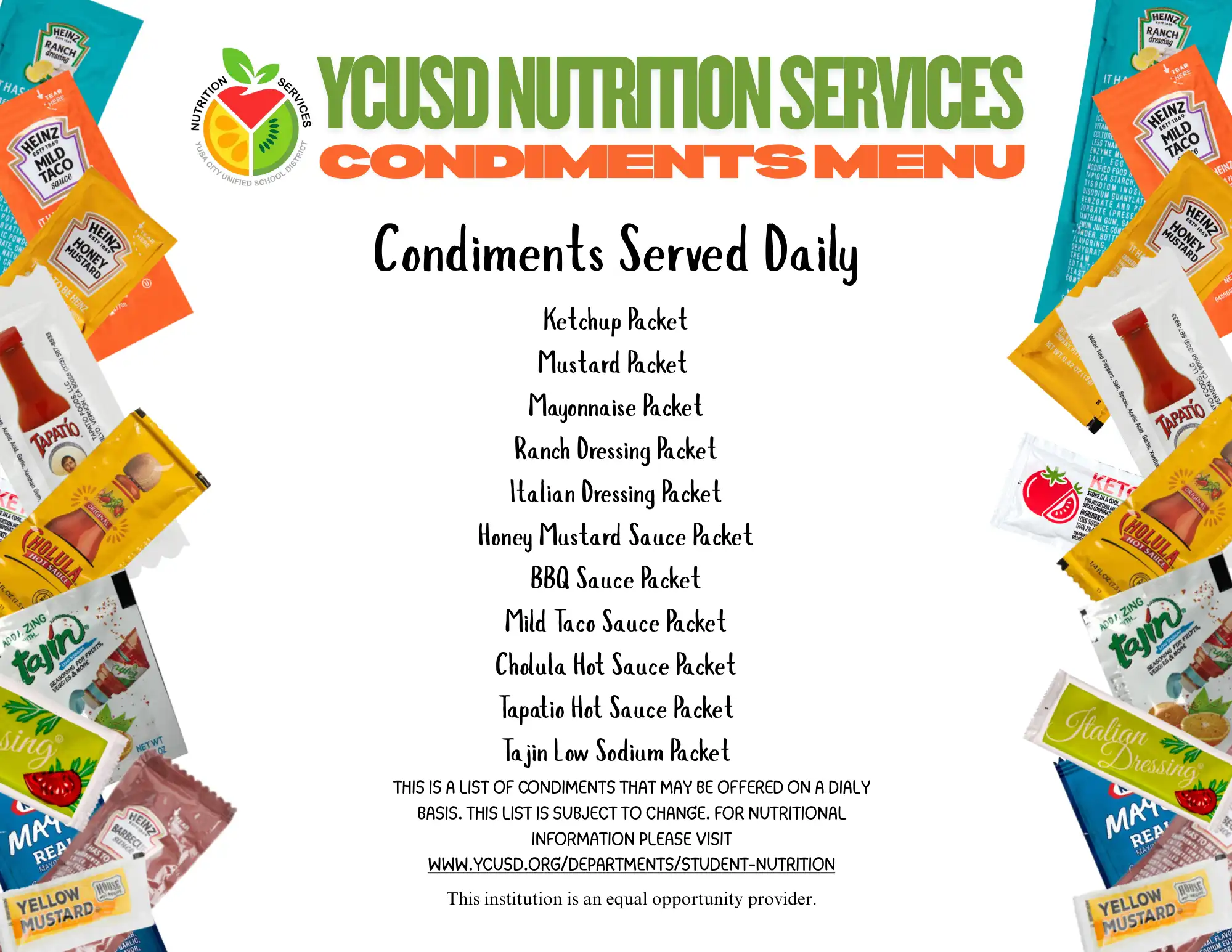 YCUSD Condiments Menu