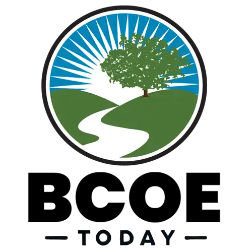 logo - BCOE Today, with a modified oak tree, sunrise, and river