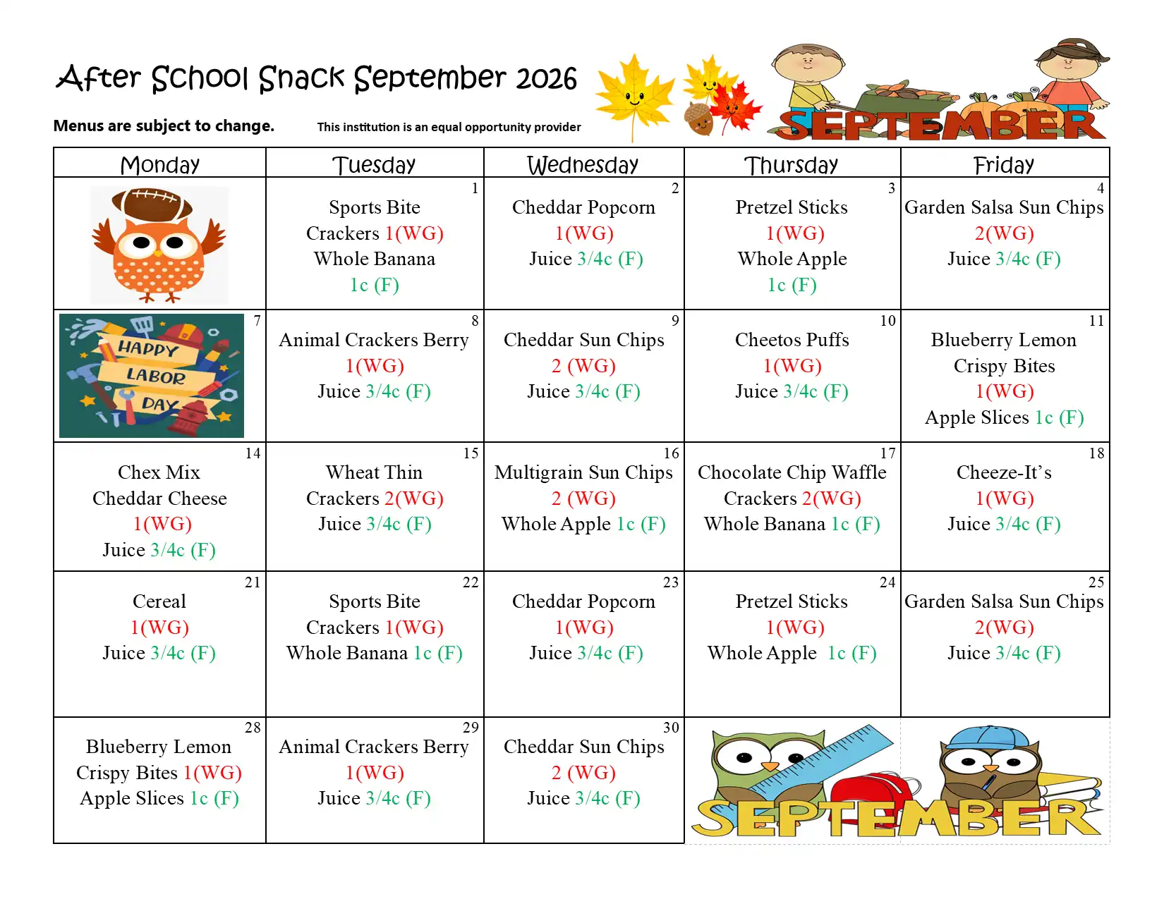 After School Snack September 2026 Menu