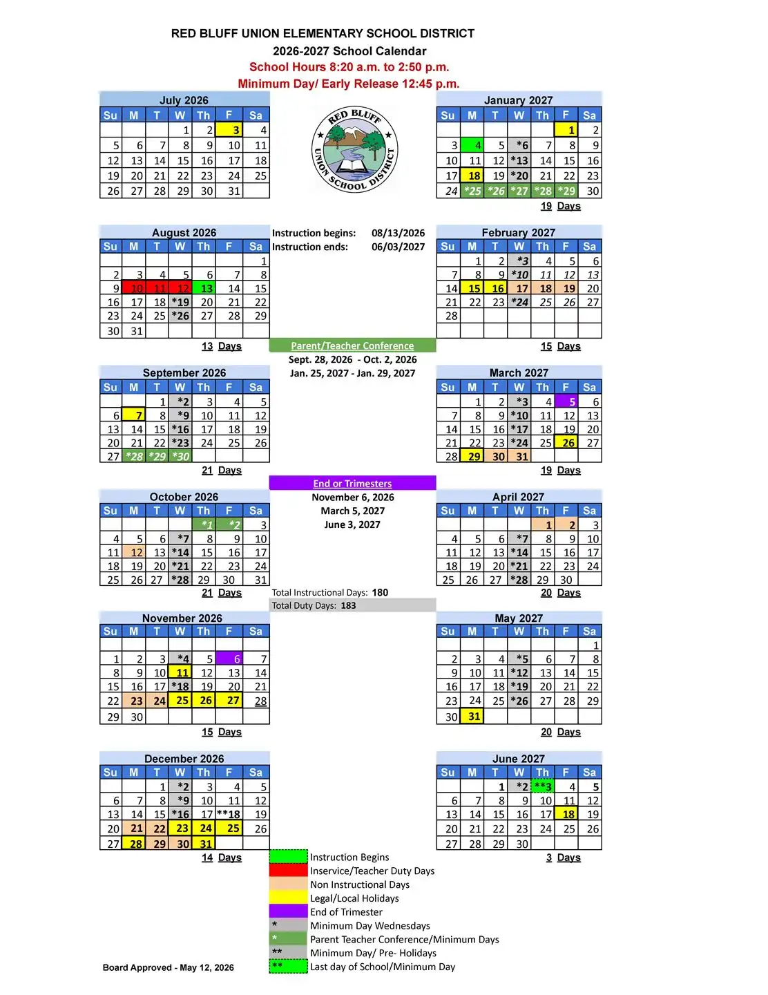 Image of Red Bluff Elementary Academic Calendar 26-27