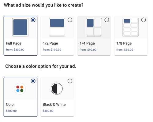 Ad sizes and prices