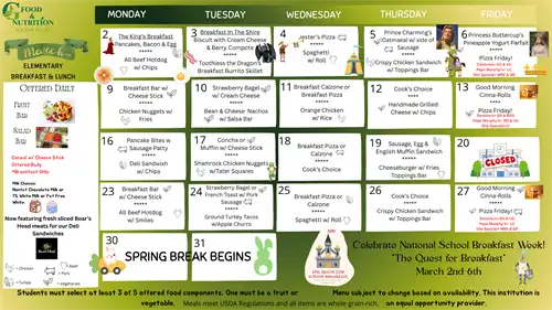 March Elementary Breakfast Lunch Menu 2026