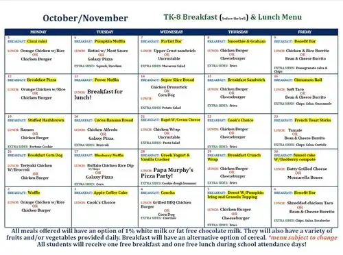 TK-8 breakfast and lunch menu