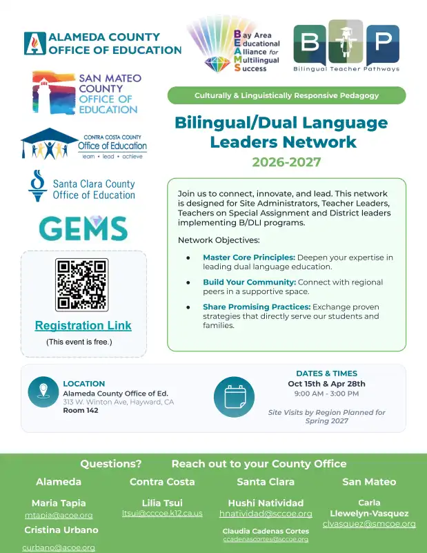 Bilingual/Dual Language Leaders Network Flyer for the 2026-2027 school year. This flyer announces two in-person meetings for bilingual and dual language leaders. Meetings will be held at the Alameda County Office of Education, Room 142, located at 313 W. Winton Avenue, Hayward, CA. The meeting dates are October 15, 2026, and April 28, 2027.