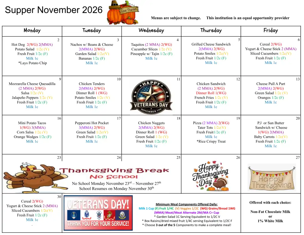 Supper Menu November 2026