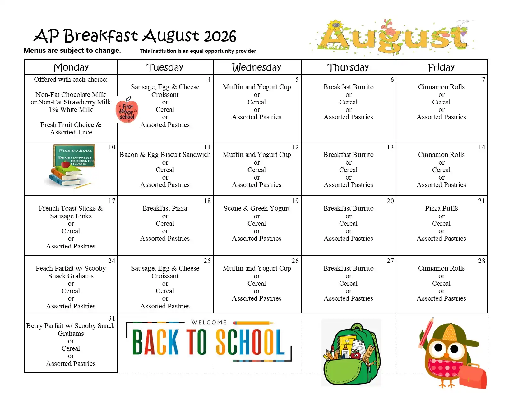 Albert Powell August 2026 Breakfast Menu