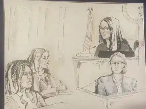 Courtroom drawing for Contra Costa County's Mock Trial program. Features judge, witness and two attorneys