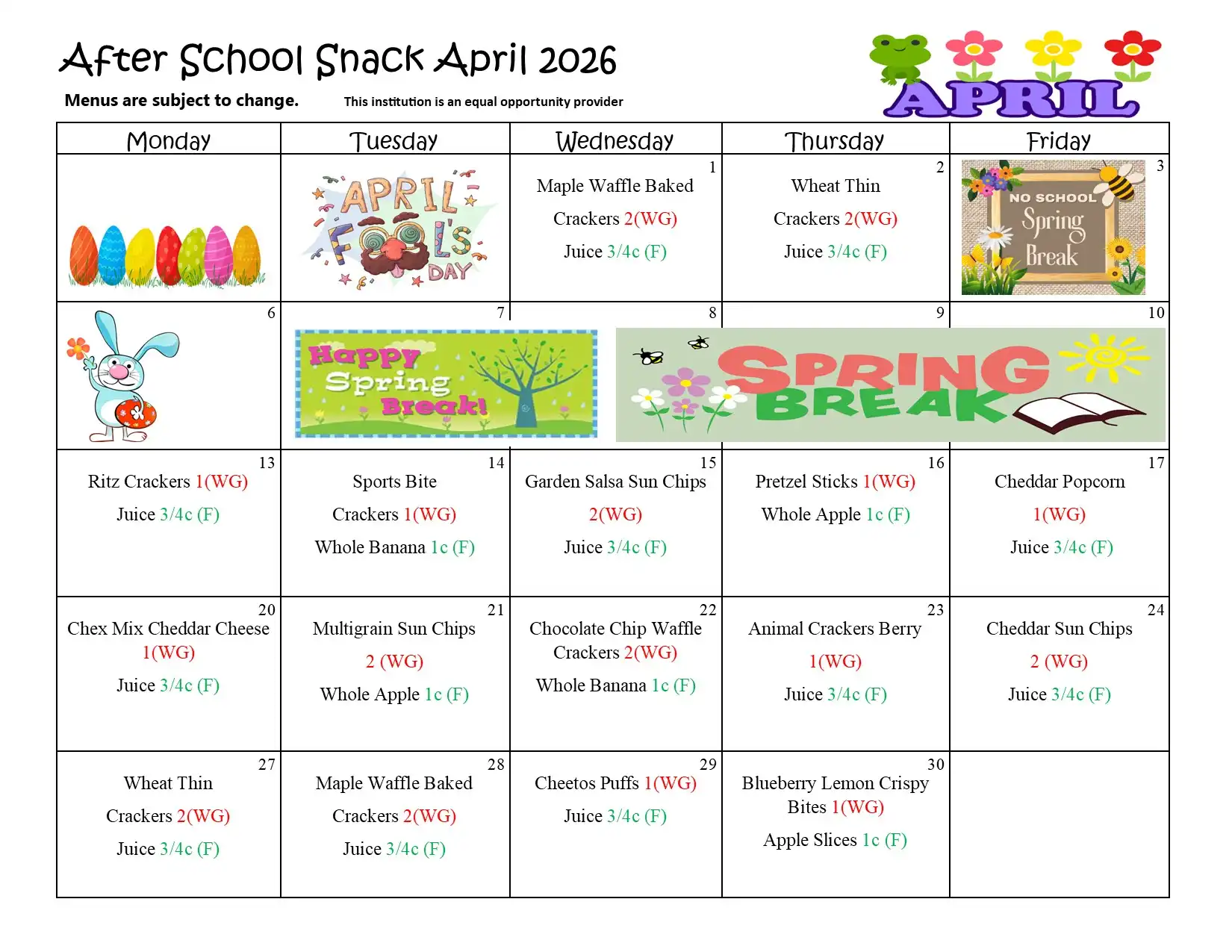 April 2026 After School Snack Menu