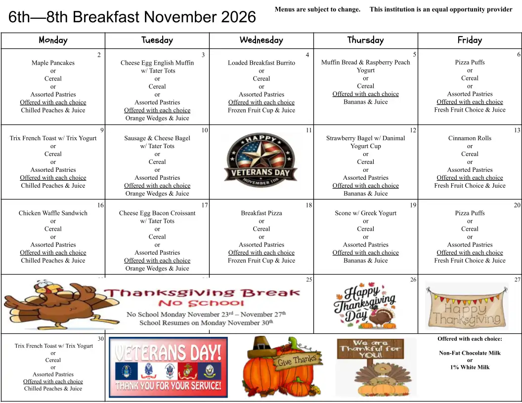 6th - 8th Breakfast Menu November 2026