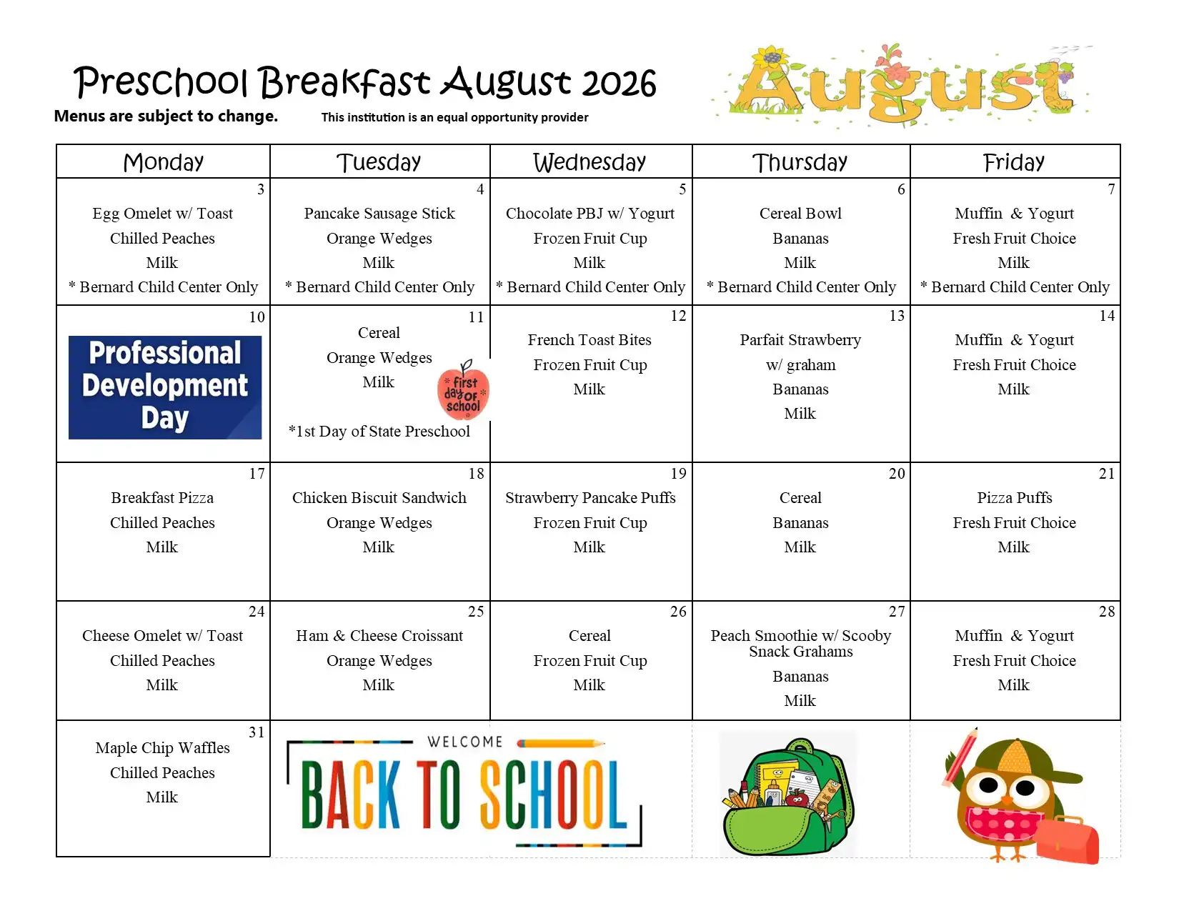 Preschool Breakfast Menu August 2026