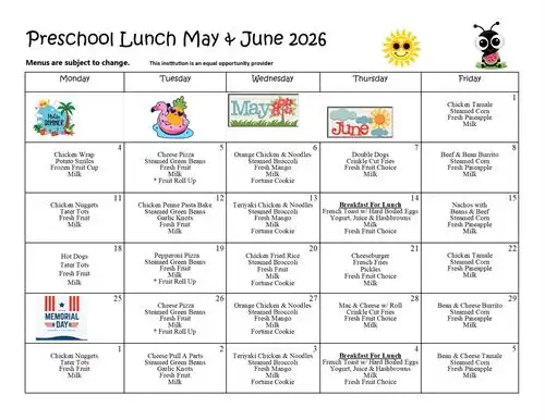 Preschool Lunch May & June 2026