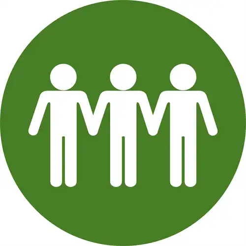 A green circle icon displaying three white, simple stick figures standing side-by-side and holding hands.