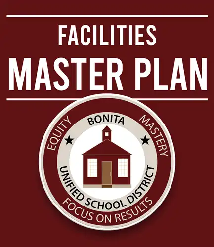 Burgandy tile with BUSD's emblem with the title Facilities Master Plan