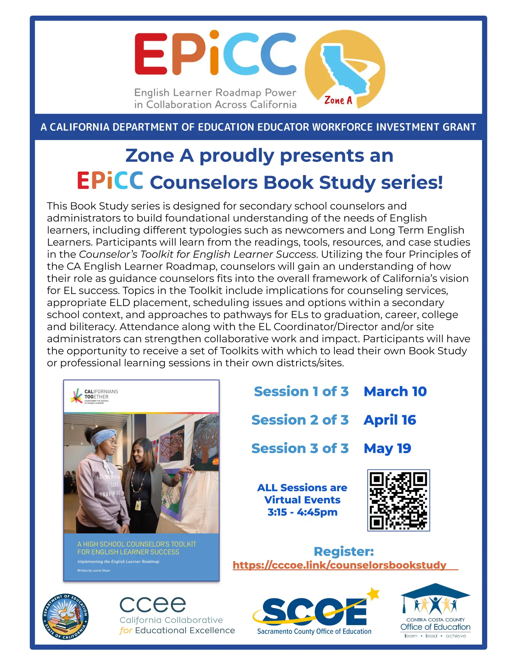 Flyer for virtual Counselors Book Study series, designed for secondary school counselors and administrators. The 3 session series will be held virtually on March 10, April 16, May 19 from 3:15 to 4:45 pm.